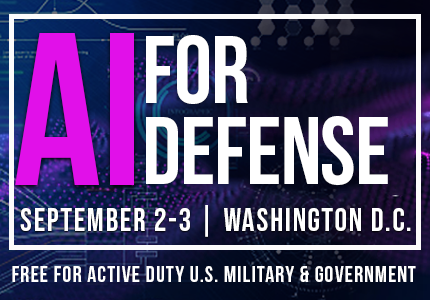 Banner for an 'AI for Defense' conference: bold pink 'AI' next to 'FOR DEFENSE', with dates September 2–3 in Washington, D.C., and a note 'Free for active duty U.S. military & government.'