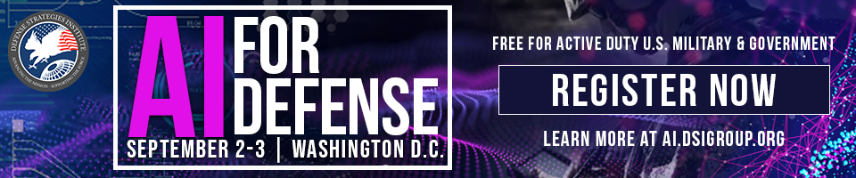Promotional banner for the AI for Defense conference: dates Sept 2–3 in Washington, DC, with a prominent 'Register Now' call-to-action and logos on the left and right.
