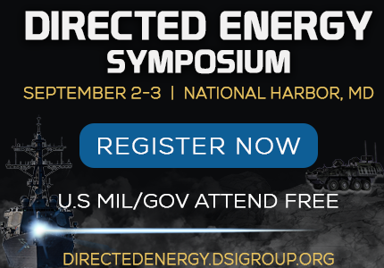 Promotional banner for Directed Energy Symposium with dates (Sept 2–3) in National Harbor, MD and a prominent Register Now button