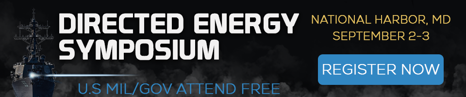 Banner for Directed Energy Symposium at National Harbor, MD; navy ship image on left, large white title, blue subtitle about free MIL/GOV attendance, gold date/location text on right, and a blue 'REGISTER NOW' button.