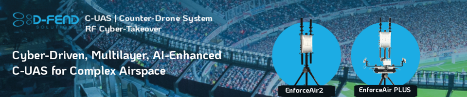 Banner advertising the 8D-FEND counter-drone system, showing EnforceAir2 and EnforceAir Plus devices against a stadium backdrop.
