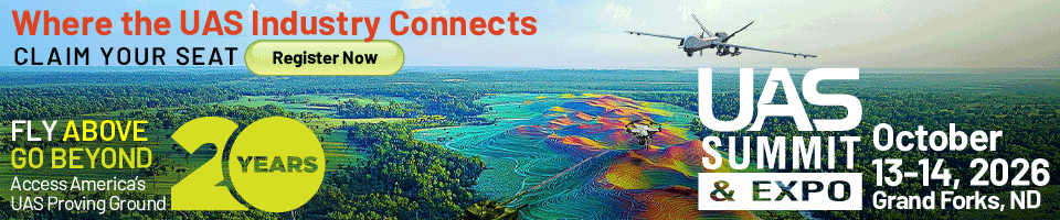 Promotional banner for UAS Industry Connects Summit and Expo with aircraft flying over farmland; event dates October 13–14, 2026 in Grand Forks, ND, and a prominent Register Now button.