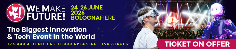 Promotional banner for We Make Future tech event in Bologna (June 24–26, 2026) featuring a person in a VR headset, a stage with lights, and a purple robot, with a pink 'Ticket on Offer' button.