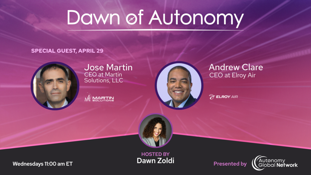 Promotional banner for an event titled 'Dawn of Autonomy' with three circular headshots, gradient pink‑purple background, sponsor logos, and time details (Wednesdays 11:00 ET).