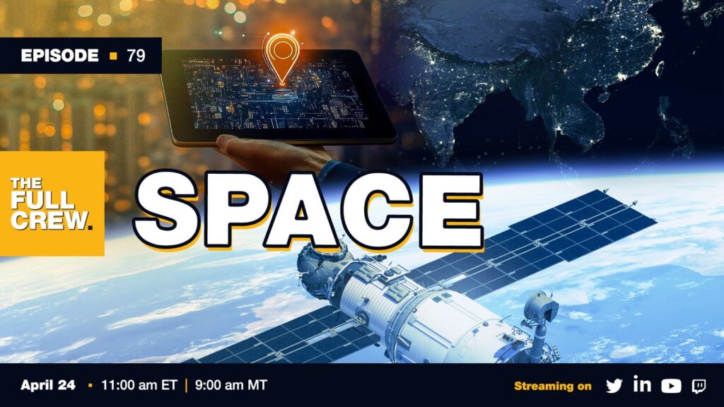 Episode 79 cover: satellite in orbit above Earth, bold 'SPACE' text, and The Full Crew logo on an orange square