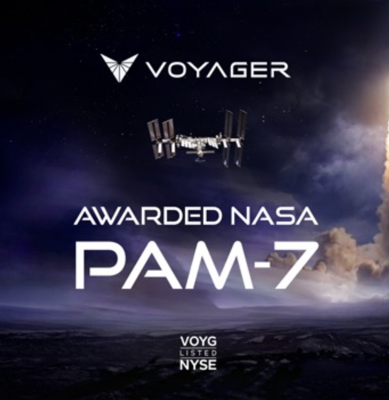 Voyager logo above a small spacecraft model against a dark space background with the text 'Awarded NASA PAM-7'.