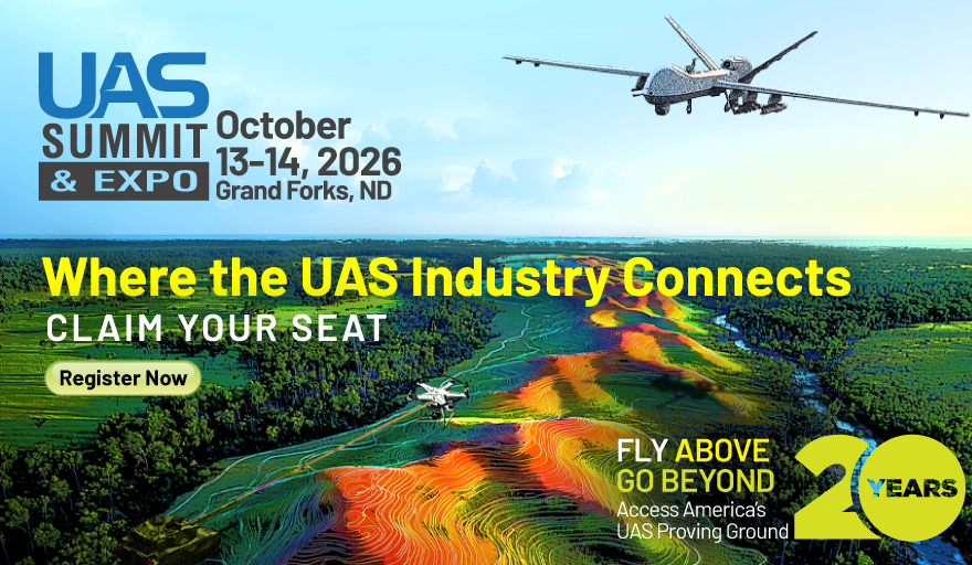 Promotional banner for the UAS Summit & Expo 2026 in Grand Forks, ND, with aircraft overhead and a 'Register Now' call to action.
