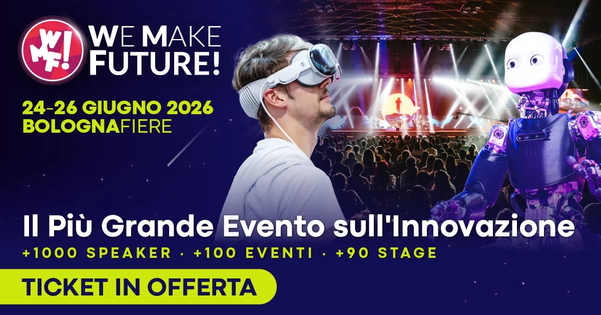 Event banner for 'We Make Future' tech expo: VR headset user, a friendly robot, stage crowd, with date Bologna 24-26 June 2026.