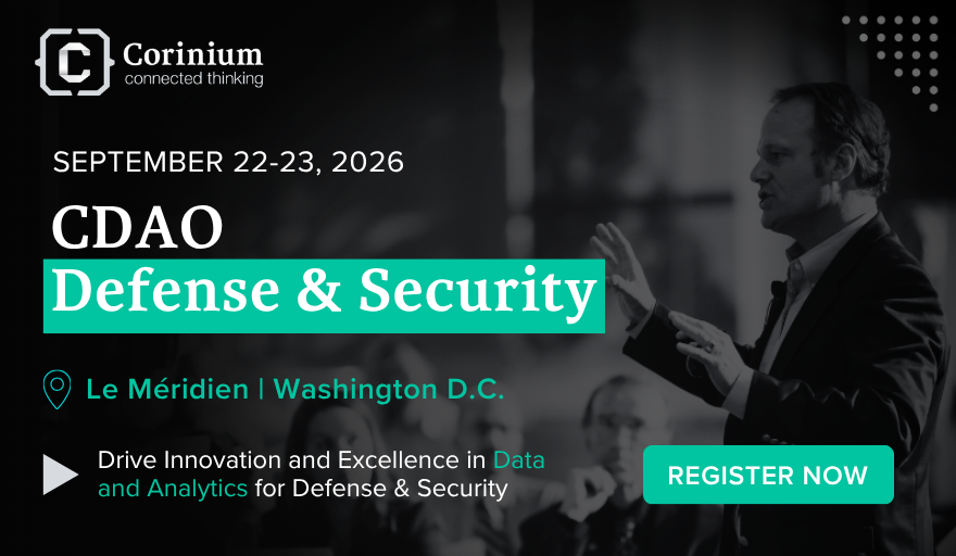 Event banner for CDAO Defense & Security conference: Sept 22–23, 2026, Le Méridien Washington DC, with a green 'Register Now' button and speaker image in the background.