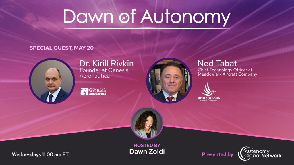 Poster for 'Dawn of Autonomy' with guest speakers and host, featuring headshots of speakers and sponsor logos.