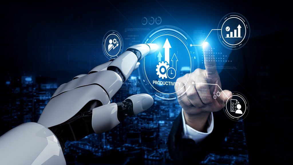 Ai,Boosts,Workplace,Productivity,With,Smart,Tracking,Tools,,Workflow,Optimization, Robot and human hands meet over a blue holographic interface showing productivity icons and gears, symbolizing AI collaboration.