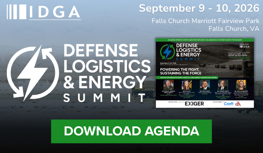 Promotional banner for IDGA's Defense Logistics & Energy Summit (Sept 9–10, 2026) in Falls Church, VA, with a green Download Agenda button.