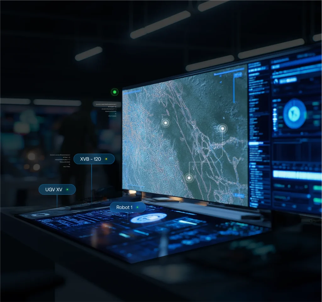 Futuristic control room with a curved monitor displaying a blue map and floating labels: 'UGV XV', 'XVB - 120', and 'Robot 1'.