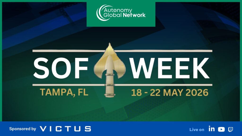 Banner for SOF Week: Tampa, FL, May 18–22, 2026, with Autonomy Global Network logo at the top and a blue sponsorship bar reading 'Sponsored by Victus' at the bottom.