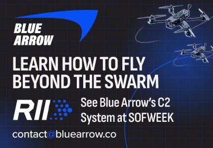 Blue Arrow promo banner with flying drones, headline 'Learn how to fly beyond the swarm', mentions C2 system at SOF WEEK and contact@bluearrow.co.