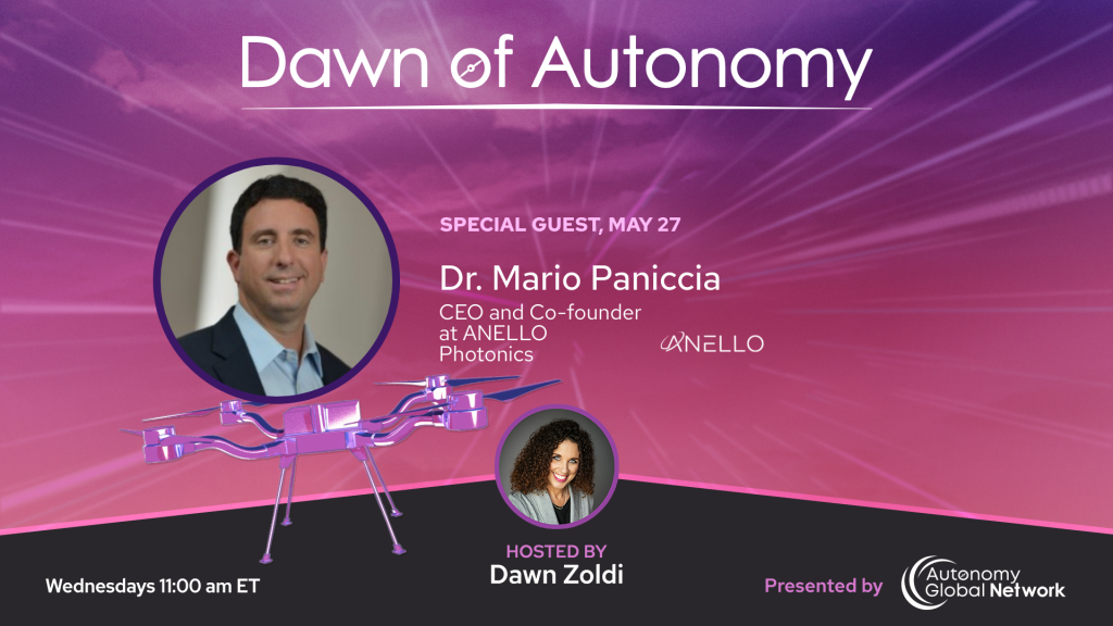 Promotional banner for 'Dawn of Autonomy' with guest Dr. Mario Paniccia and host Dawn Zoldi, on a pink-purple gradient backdrop.