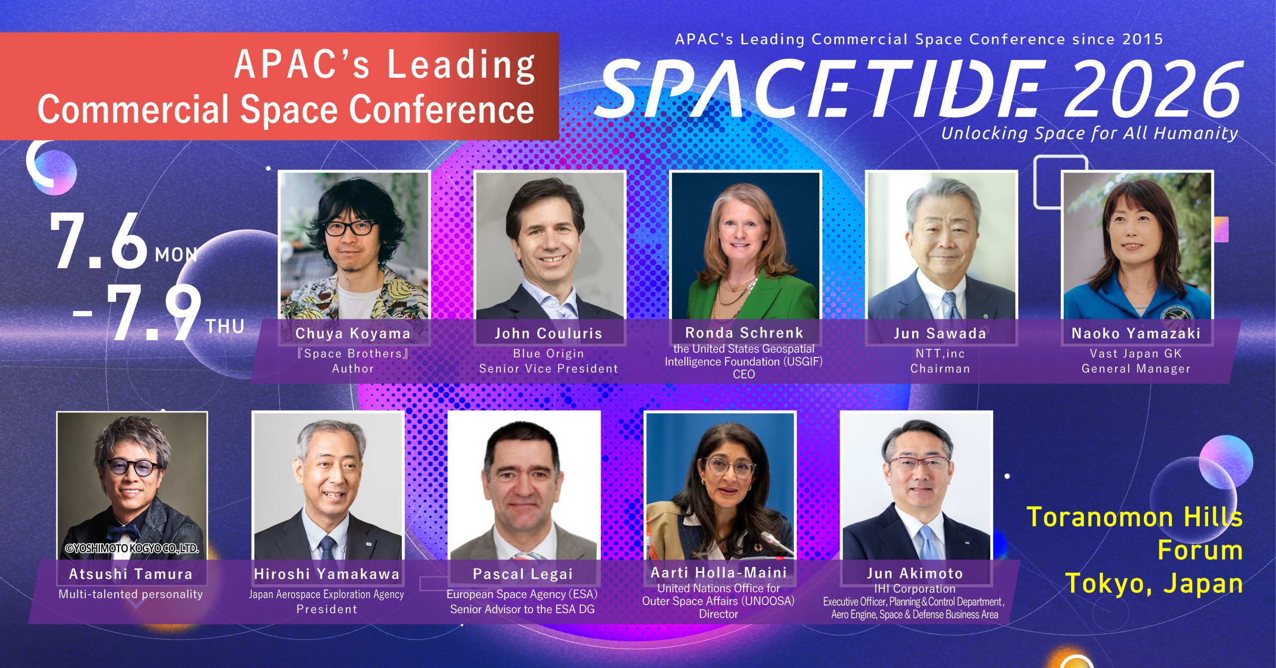 Poster for Space Tide 2026 conference featuring headshots and names of speakers like Chuya Koyama, John Couluris, Ronda Schrenk, Jun Sawada, Naoko Yamazaki, and Atsushi Tamura.