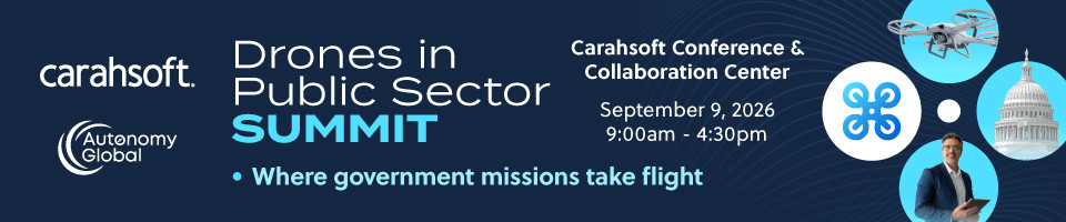 Banner for Carahsoft Drones in Public Sector Summit with logos, date, and event tagline.