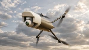 A white quadcopter drone with a forward-facing camera hovering in a cloudy sky.