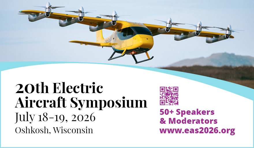 Yellow electric airplane in flight over a curved white event banner displaying '20th Electric Aircraft Symposium' and dates in Oshkosh, WI.