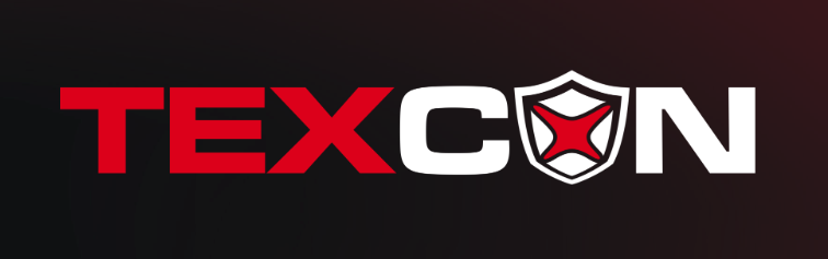 TexCon logo on a dark gradient background, with red TEX and white CON, and a shield emblem around the O.