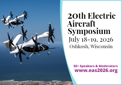Promotional banner for the 20th Electric Aircraft Symposium with four electric aircraft in flight on the left, event details on a curved white panel: July 18–19, 2026, Oshkosh, Wisconsin; www.eas2026.org.