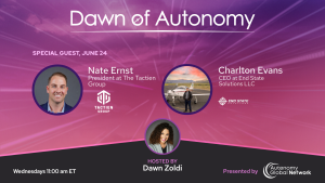 Promotional poster for 'Dawn of Autonomy' featuring special guests Nate Ernst and Charlton Evans with host Dawn Zoldi