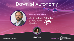 Banner for Dawn of Autonomy announcing guest Junio Valerio Palomba with host Dawn Zoldi, featuring a purple airplane graphic and circular headshots signals a talk event.