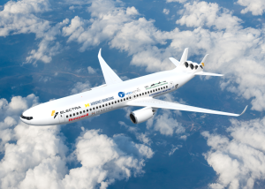 White passenger jet flying above clouds with sponsor logos along its fuselage.