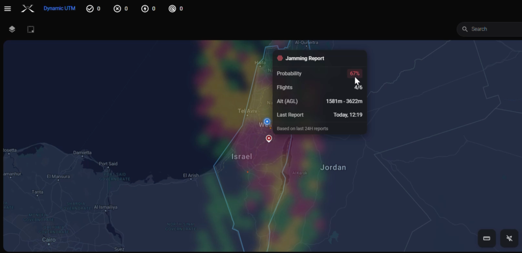 Before a single aircraft is airborne, OVERWATCH operators can click into any zone and see the real-time jamming probability - powered by Tenna's spectrum intelligence, embedded directly into the platform.