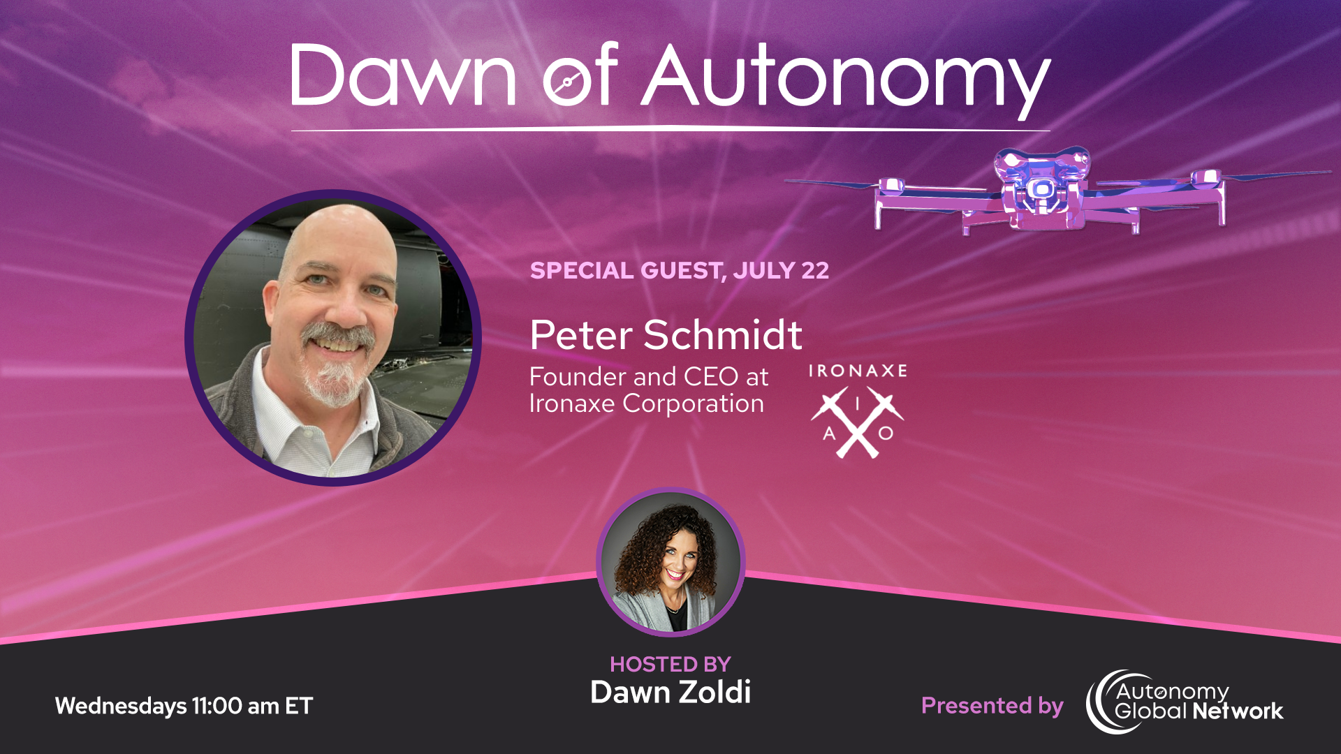 Hero banner for 'Dawn of Autonomy' featuring guest Peter Schmidt with his photo and host Dawn Zoldi, on a purple-pink background with a drone image on the right.