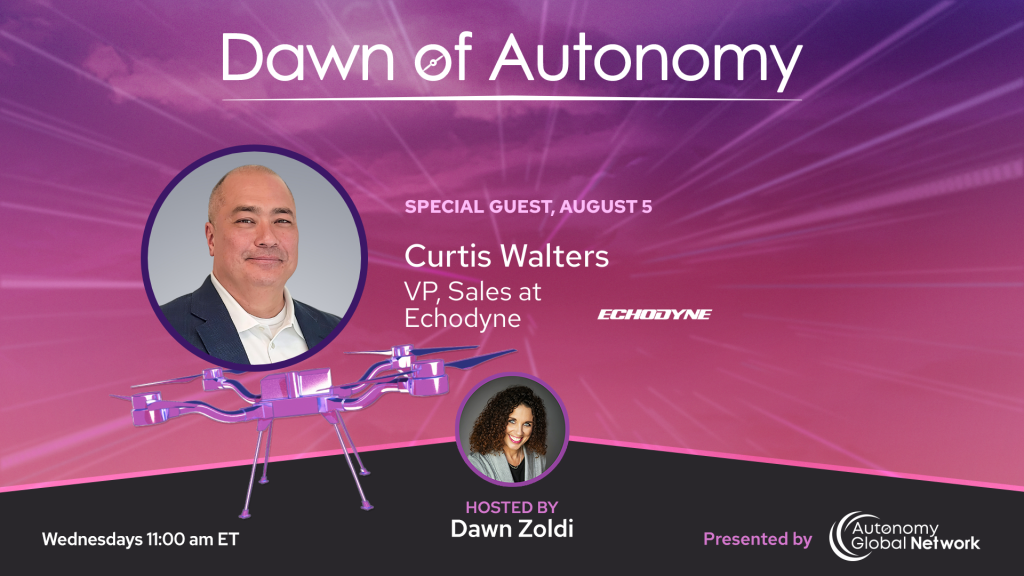 Event poster for Dawn of Autonomy: Curtis Walters (VP of Sales, Echodyne) and host Dawn Zoldi on a purple background.