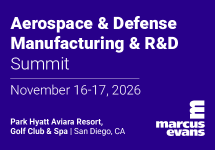 Banner for Aerospace & Defense Manufacturing & R&D Summit, Nov 16–17, 2026, Park Hyatt Aviara Resort, Golf Club & Spa, San Diego, CA; Marcus Evans logo.