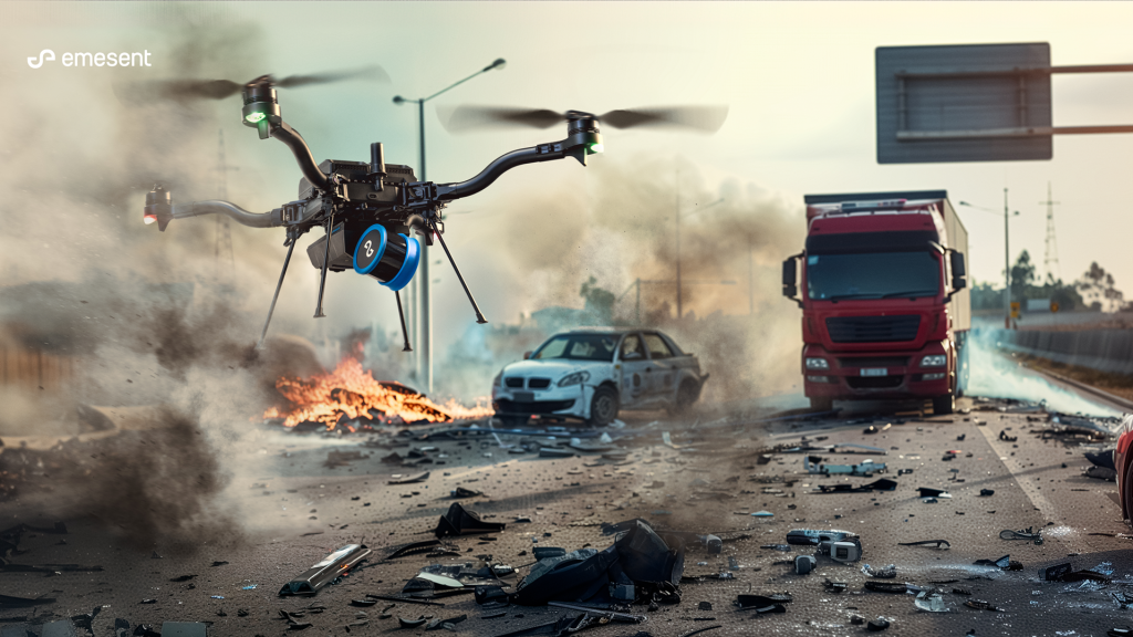 Drone hovering over a highway crash scene with burning wreckage, smoke, and debris, a red truck and a damaged car in the background.