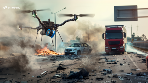 Drone hovering over a highway crash scene with burning wreckage, smoke, and debris, a red truck and a damaged car in the background.