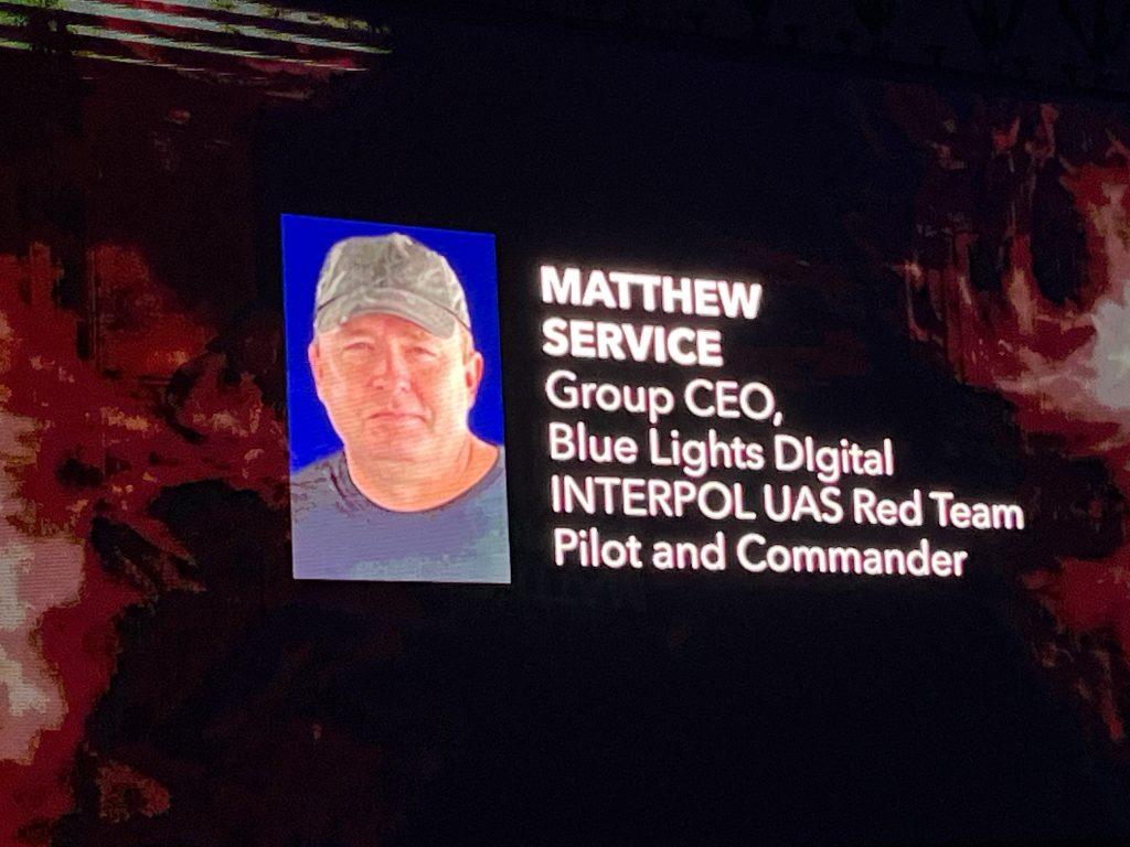 Lead slide from Service’s presentation titled WEAPONIZED SKIES: Unmanned, Unchecked, Unpredictable.