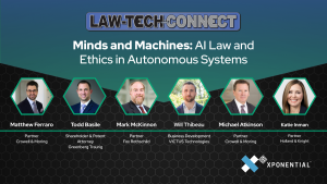 Event banner: Minds and Machines—AI Law and Ethics in Autonomous Systems with six speaker headshots in hex frames and Xponential logo on bottom right.