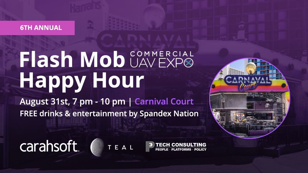 Promotional poster for the 6th annual Carnival Court Flash Mob Happy Hour with date, time (Aug 31, 7–10 pm) and venue; notes free drinks by Spandex Nation, circular image of Carnival Court on the right, and sponsor logos at bottom.