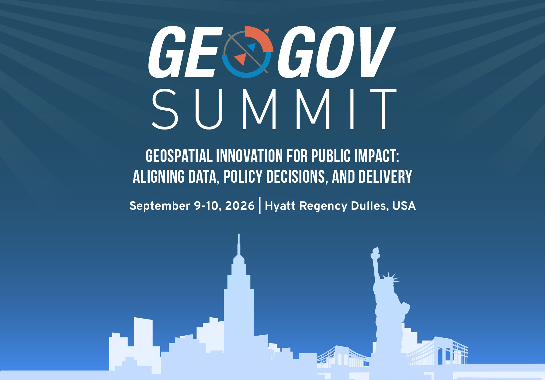 Blue gradient poster for GeoGov Summit with skyline silhouettes and event details visible at the bottom center.