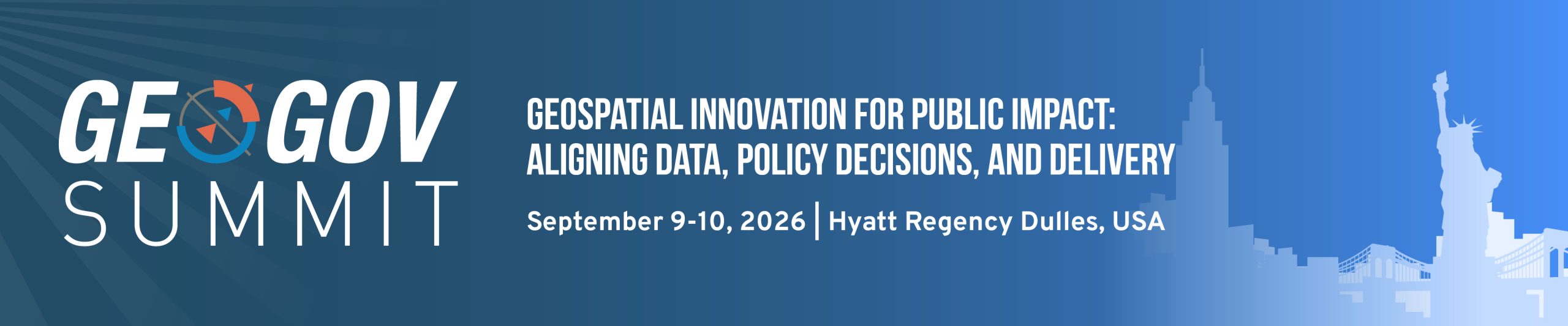 Banner for GEO Gov Summit featuring a blue gradient background, left-aligned GEO GOV logo and title, with skyline silhouette on the right.