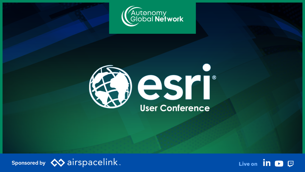 Banner for the ESRI User Conference with the Autonomy Global Network header on a green strip and a globe logo; bottom blue sponsor strip shows AirspaceLink and social icons.