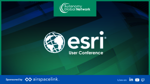 Banner for the ESRI User Conference with the Autonomy Global Network header on a green strip and a globe logo; bottom blue sponsor strip shows AirspaceLink and social icons.