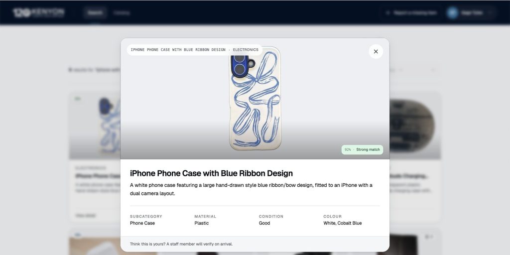 Modal window displaying a white iPhone case with a blue ribbon drawing; title reads 'iPhone Phone Case with Blue Ribbon Design'