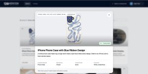 Modal window displaying a white iPhone case with a blue ribbon drawing; title reads 'iPhone Phone Case with Blue Ribbon Design'