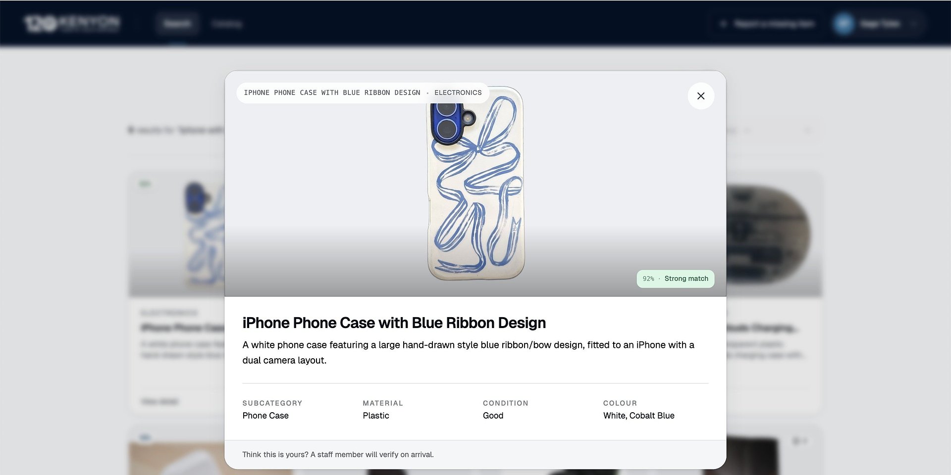 Modal window displaying a white iPhone case with a blue ribbon drawing; title reads 'iPhone Phone Case with Blue Ribbon Design'