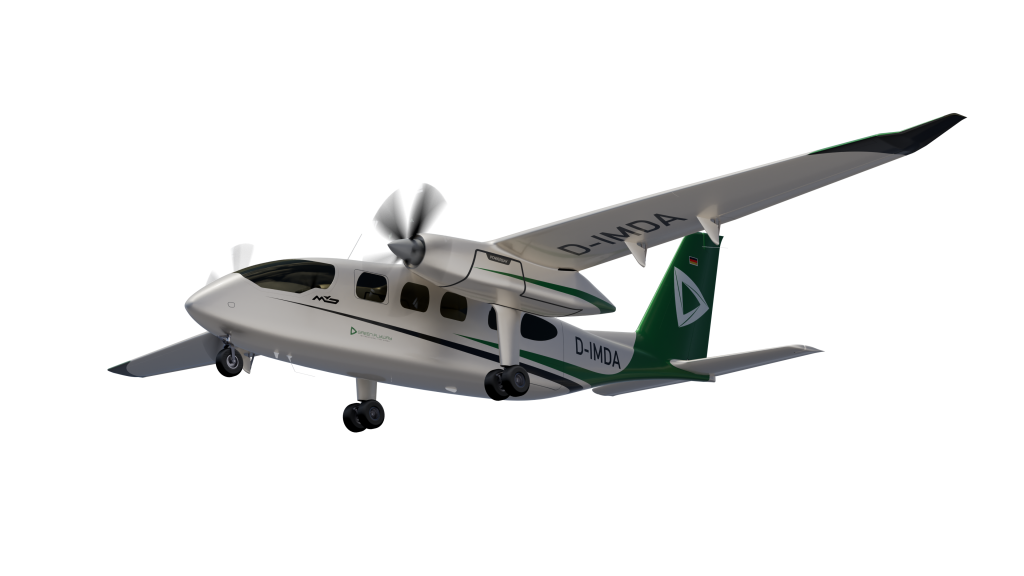 Twin-turboprop aircraft in midflight, white fuselage with green tail, registration D-IMDA visible on the fuselage and wing.