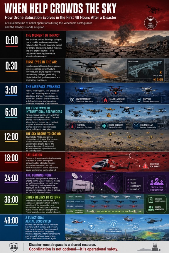 Graphic, “When Help Crowds the Skies” explains how drone saturation occurs in the first 48 hours after a disaster.