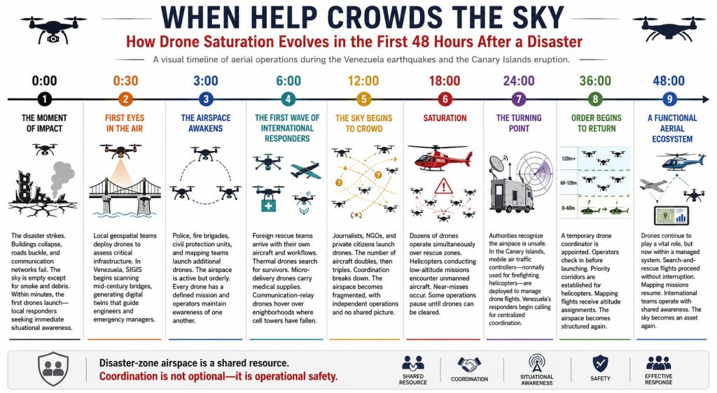 Graphic, “When Help Crows the Skies” shows the arc of drone response after the first 48 hours.
