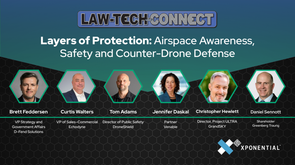 Law-Tech-Connect banner announcing 'Layers of Protection' panel with six speakers and XPONENTIAL logo.