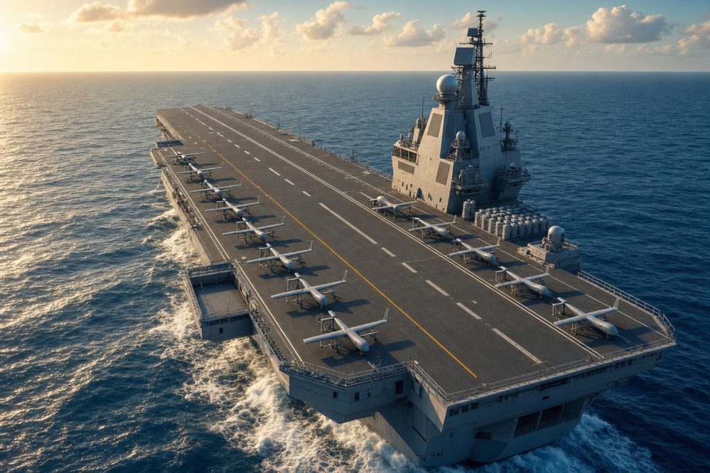Aircraft carrier sailing at sea with fighter jets parked on its flight deck at sunset.